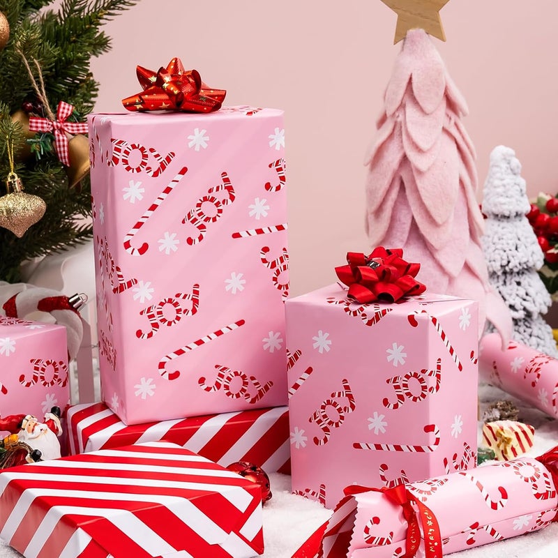 MAYPLUSS Christmas Gift Wrapping Paper Roll - 17 Inch X 33 Feet - Reversible Pink Candy Cane and Stripe Design for Winter Gift Wrap, DIY Craft, Christmas, Party, Holiday and Birthday - Image 5